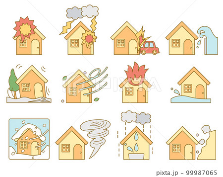 火災保険の挿し絵などに使える災害をイメージしたイラストのセット 線画とカラーを組み合わせたバージョン 火災保険の挿し絵などに使える災害をイメージしたイラストのセット 線画とカラーを組み合わせたバージョン 99987065