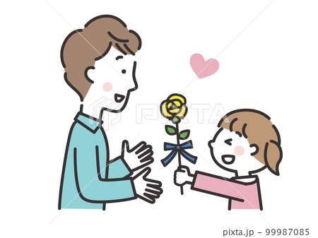 黄色いバラをお父さんに渡す女の子　父の日のイラスト　横向き 99987085