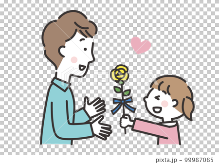 黄色いバラをお父さんに渡す女の子　父の日のイラスト　横向き 99987085