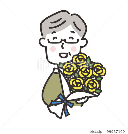 黄色いバラの花束を持つ高齢男性　父の日のイラスト 99987100