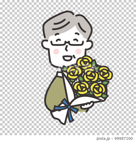 黄色いバラの花束を持つ高齢男性　父の日のイラスト 99987100