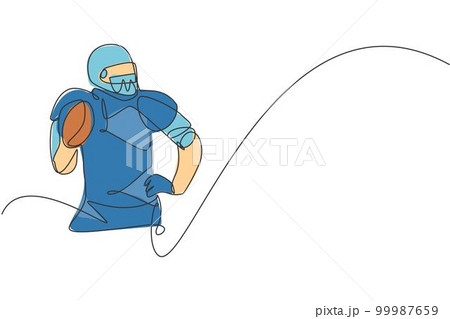 One single line drawing of energetic american football player stance to pass the ball for national league promotion. Sport competition concept. Modern continuous line draw design vector illustration One single line drawing of energetic american football player stance to pass the ball for national league promotion. Sport competition concept. Modern continuous line draw design vector illustration 99987659