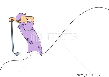 One single line drawing of young sporty golf player hit the ball using golf club vector graphic illustration. Healthy sport concept. Modern continuous line draw design for golf tournament poster 99987668