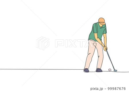 Single continuous line drawing of young happy golf player swing the golf club to hit the ball. Hobby sport concept. Trendy one line draw design vector illustration for golf tournament promotion media 99987676