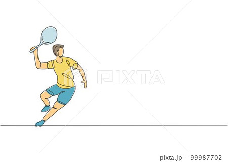 Single continuous line drawing of young agile man tennis player wait to hit opponent ball. Sport exercise concept. Trendy one line draw design vector illustration for tennis tournament promotion media Single continuous line drawing of young agile man tennis player wait to hit opponent ball. Sport exercise concept. Trendy one line draw design vector illustration for tennis tournament promotion media 99987702
