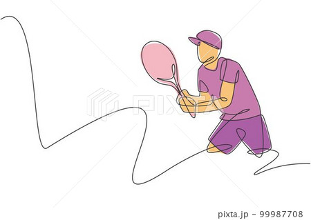 One continuous line drawing of young male tennis player concentrating to wait ball from opponent. Competitive sport concept. Dynamic single line draw design vector illustration for tournament poster One continuous line drawing of young male tennis player concentrating to wait ball from opponent. Competitive sport concept. Dynamic single line draw design vector illustration for tournament poster 99987708