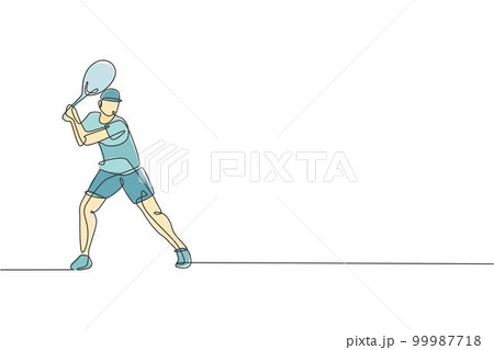 One continuous line drawing of young happy tennis player concentrate to hit the ball. Competitive sport concept. Dynamic single line draw design vector illustration for tournament promotion poster 99987718
