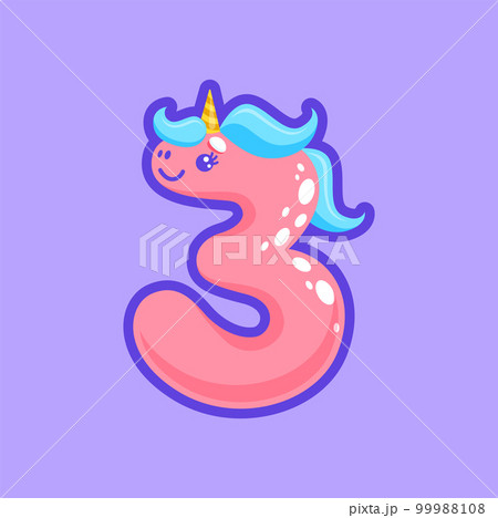 Three digit ABC font element, unicorn font cartoon numeral, calendar, calculator element. Vector figure with cute face and hair, 3 third number Three digit ABC font element, unicorn font cartoon numeral, calendar, calculator element. Vector figure with cute face and hair, 3 third number 99988108