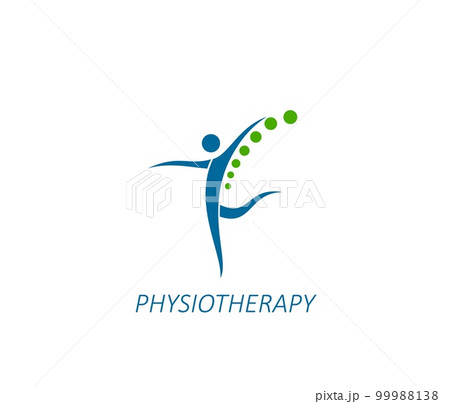Physiotherapy, spine pain therapy icon. Physiotherapy clinic, spine health doctor or chiropractic massage therapist vector emblem. Back pain treatment medical practice sign or symbol with human figure Physiotherapy, spine pain therapy icon. Physiotherapy clinic, spine health doctor or chiropractic massage therapist vector emblem. Back pain treatment medical practice sign or symbol with human figure 99988138