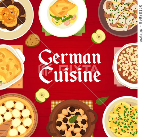 German cuisine menu cover, Germany food dishes and meals, vector. Traditional German cuisine beef stew schnelklops, apple cake streusel and liver with pineapple or pork kidney stew German cuisine menu cover, Germany food dishes and meals, vector. Traditional German cuisine beef stew schnelklops, apple cake streusel and liver with pineapple or pork kidney stew 99988150