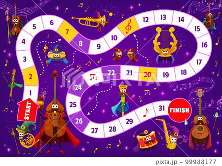 Kids board game wizard musical instrument characters, sound waves and notes. Kid vector worksheet with guitar, saxophone, drum and vuvuzela. French horn, double bass, flute, violin, harp or tambourine Kids board game wizard musical instrument characters, sound waves and notes. Kid vector worksheet with guitar, saxophone, drum and vuvuzela. French horn, double bass, flute, violin, harp or tambourine 99988177