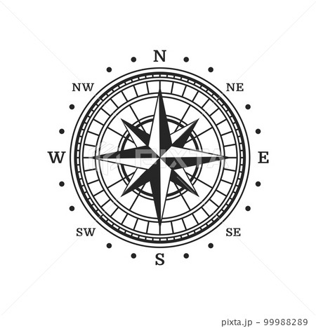 Old compass, vintage map wind rose vector symbol of nautical navigation, marine travel and adventure. Windrose star with north, south, west and east cardinal direction arrows, ancient compass rose 99988289