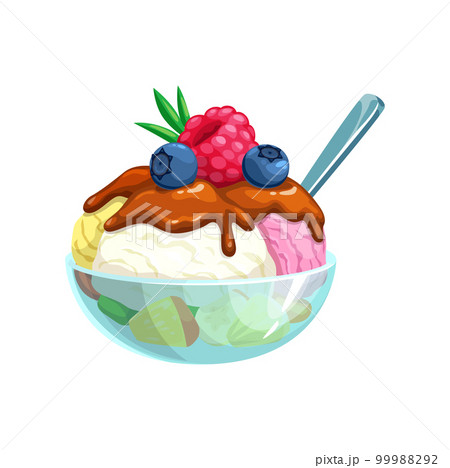 Cartoon ice cream sundae with fruits in glass cup, vector sweet food. Summer dessert of vanilla, strawberry and mango ice cream scoops in bowl with spoon, blueberries, raspberry and chocolate toppings 99988292