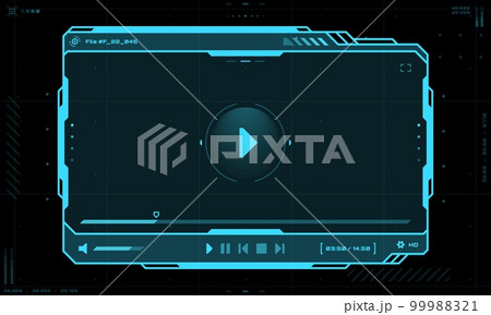 HUD video player screen interface and UI frame, vector futuristic template for live stream play. HUD video player hologram screen with buttons overlay, web movie or online video stream window panel HUD video player screen interface and UI frame, vector futuristic template for live stream play. HUD video player hologram screen with buttons overlay, web movie or online video stream window panel 99988321
