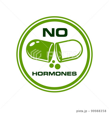 No hormones icon or hormones free emblem for food and natural products, vector stamp. No hormones stamp vector with pill capsule for safe meat food and USDA health quality certificate seal No hormones icon or hormones free emblem for food and natural products, vector stamp. No hormones stamp vector with pill capsule for safe meat food and USDA health quality certificate seal 99988358