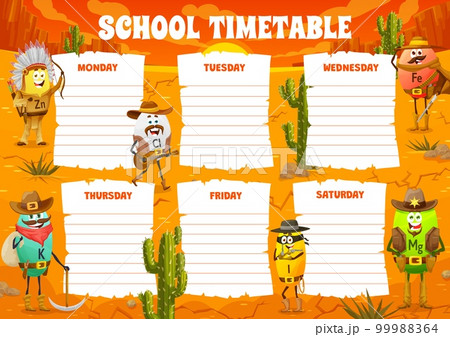 School Timetable schedule. Wild West cartoon cowboy, sheriff, bandit and robber vitamin characters. Vector nutritional supplement personages. Zn, Cl, Fe, K, I, Mg capsules having fun in dessert 99988364