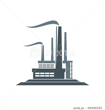 Factory or industrial plant icon of vector building with chimneys and smoke. Power plant of energy or chemical industry, oil and gas refinery, energy production nuclear power station silhouette 99988365