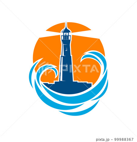Lighthouse or beacon with sea and ocean waves. Vector tower of light house icon with searchlight beam, blue water surf and sunset sky isolated symbol, nautical navigation and marine safety themes 99988367
