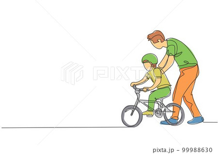 Single continuous line drawing of young kids boy learning ride bicycle with father at outdoor park. Parenthood lesson. Family time concept. Trendy one line draw design graphic vector illustration Single continuous line drawing of young kids boy learning ride bicycle with father at outdoor park. Parenthood lesson. Family time concept. Trendy one line draw design graphic vector illustration 99988630