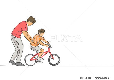 One continuous line drawing of young father help his boy kid learning to ride a bicycle at countryside together. Parenthood lesson concept. Dynamic single line draw design graphic vector illustration One continuous line drawing of young father help his boy kid learning to ride a bicycle at countryside together. Parenthood lesson concept. Dynamic single line draw design graphic vector illustration 99988631