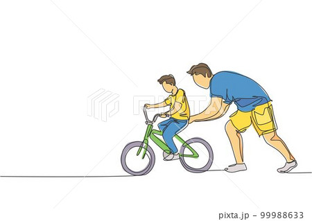 One single line drawing of young father teaching his son riding bicycle at public park vector graphic illustration. Fatherhood lesson. Urban family time concept. Modern continuous line draw design One single line drawing of young father teaching his son riding bicycle at public park vector graphic illustration. Fatherhood lesson. Urban family time concept. Modern continuous line draw design 99988633