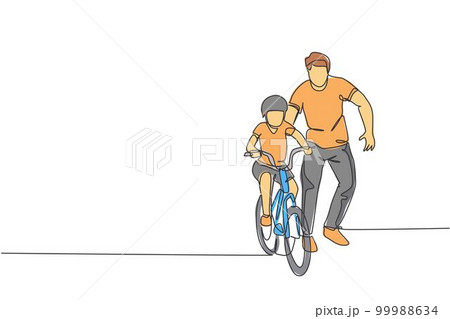 One continuous line drawing of young father help his son learning to ride a bicycle at countryside together. Parenthood lesson concept. Dynamic single line draw graphic design vector illustration One continuous line drawing of young father help his son learning to ride a bicycle at countryside together. Parenthood lesson concept. Dynamic single line draw graphic design vector illustration 99988634
