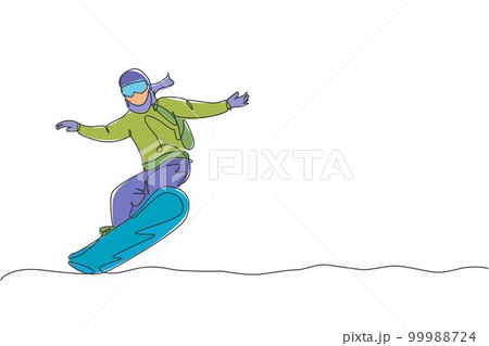 One continuous line drawing of young sporty man snowboarder riding snowboard in alps snowy powder mountain. Winter lifestyle sport concept. Dynamic single line draw graphic design vector illustration 99988724
