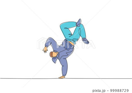One single line drawing of young modern street dancer man with hoodie performing hip hop dance on the stage vector graphic illustration. Urban generation lifestyle concept. Continuous line draw design 99988729