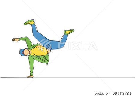 One single line drawing young modern street dancer man with tracksuit performing hip hop dance on the stage graphic vector illustration. Urban generation lifestyle concept. Continuous line draw design 99988731