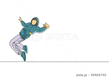 Single continuous line drawing of young energetic hip-hop dancer man on hoodie practice break dancing on street. Urban generation lifestyle concept. Trendy one line draw design vector illustration Single continuous line drawing of young energetic hip-hop dancer man on hoodie practice break dancing on street. Urban generation lifestyle concept. Trendy one line draw design vector illustration 99988740