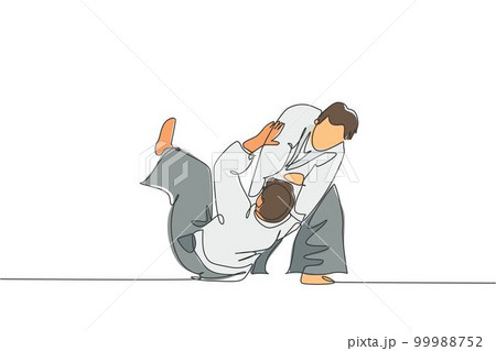 One single line drawing of two young energetic men wearing kimono exercise aikido throw technique in sport hall vector illustration. Healthy lifestyle sport concept. Modern continuous line draw design 99988752