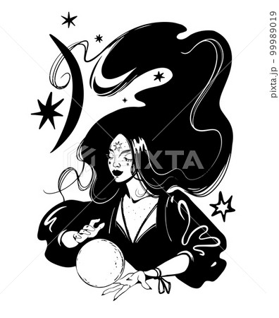 Beautiful witch with long hair and a magic crystal in her hands, modern vector boho print, mystical woman with moon and stars, black ink linear graphic illustration. Vector. Beautiful witch with long hair and a magic crystal in her hands, modern vector boho print, mystical woman with moon and stars, black ink linear graphic illustration. Vector. 99989019