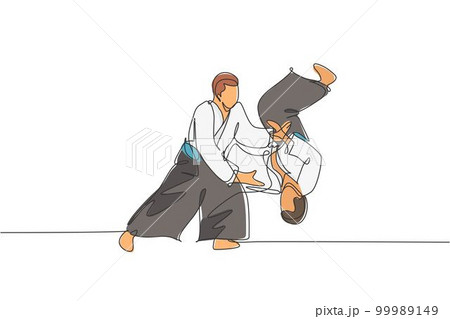 Single continuous line drawing of young sportive man wearing kimono practice throwing enemy in aikido fighting technique. Japanese martial art concept. Trendy one line draw design vector illustration Single continuous line drawing of young sportive man wearing kimono practice throwing enemy in aikido fighting technique. Japanese martial art concept. Trendy one line draw design vector illustration 99989149