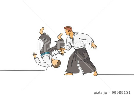 One continuous line drawing of young man aikido fighter practice fighting technique at dojo training center. Martial art combative sport concept. Dynamic single line draw design vector illustration One continuous line drawing of young man aikido fighter practice fighting technique at dojo training center. Martial art combative sport concept. Dynamic single line draw design vector illustration 99989151