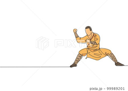Single continuous line drawing young muscular shaolin monk man train martial art at shaolin temple. Traditional Chinese kung fu fight concept. Trendy one line draw graphic design vector illustration Single continuous line drawing young muscular shaolin monk man train martial art at shaolin temple. Traditional Chinese kung fu fight concept. Trendy one line draw graphic design vector illustration 99989201