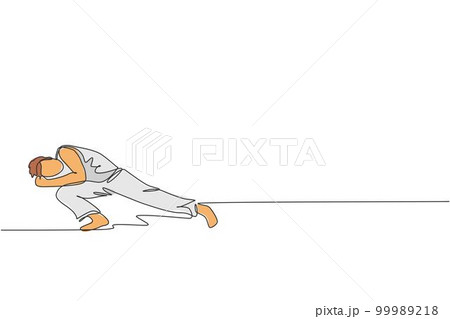 One continuous line drawing young sporty Brazilian fighter man training capoeira on the beach. Healthy traditional fighting sport concept. Dynamic single line draw graphic design vector illustration One continuous line drawing young sporty Brazilian fighter man training capoeira on the beach. Healthy traditional fighting sport concept. Dynamic single line draw graphic design vector illustration 99989218