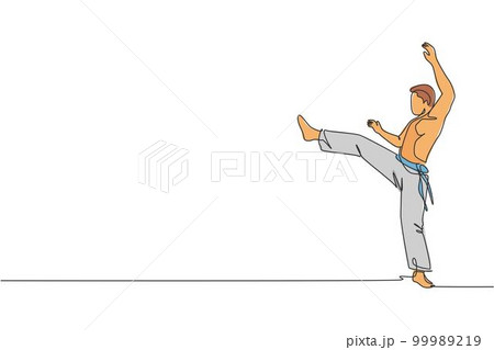 One single line drawing of young energetic man capoeira dancer perform dancing fight vector graphic illustration. Traditional martial art lifestyle sport concept. Modern continuous line draw design One single line drawing of young energetic man capoeira dancer perform dancing fight vector graphic illustration. Traditional martial art lifestyle sport concept. Modern continuous line draw design 99989219