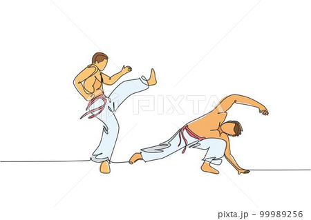 Single continuous line drawing of two young sportive men practice Brazilian capoeira move dance at outdoor street. Culture martial art sport concept. Trendy one line draw design vector illustration Single continuous line drawing of two young sportive men practice Brazilian capoeira move dance at outdoor street. Culture martial art sport concept. Trendy one line draw design vector illustration 99989256