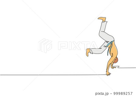 One single line drawing of young energetic man capoeira dancer perform dancing fight vector graphic illustration. Traditional martial art lifestyle sport concept. Modern continuous line draw design 99989257