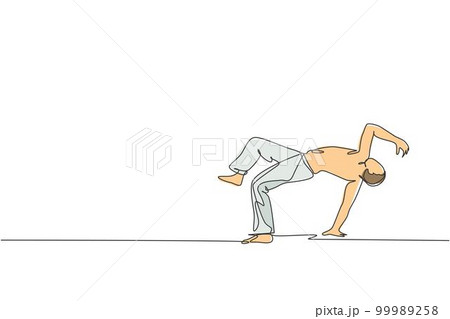 Single continuous line drawing of young sportive man practice Brazilian capoeira move dance at outdoor street. Culture martial art and sport concept. Trendy one line draw design vector illustration Single continuous line drawing of young sportive man practice Brazilian capoeira move dance at outdoor street. Culture martial art and sport concept. Trendy one line draw design vector illustration 99989258