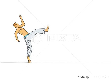 One continuous line drawing of young sporty Brazilian fighter man training capoeira on the beach. Healthy traditional fighting sport concept. Dynamic single line draw design vector illustration One continuous line drawing of young sporty Brazilian fighter man training capoeira on the beach. Healthy traditional fighting sport concept. Dynamic single line draw design vector illustration 99989259