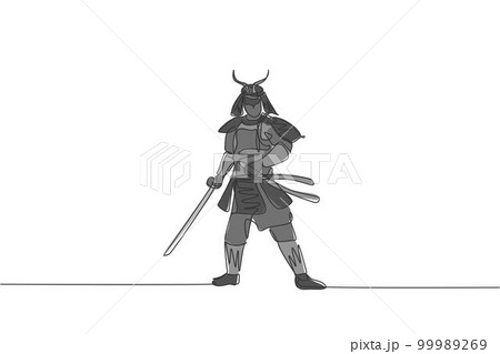 Single continuous line drawing of young strong samurai shogun wearing traditional uniform holding sword at festival. Ancient fighter soldier concept. Trendy one line draw design vector illustration 99989269