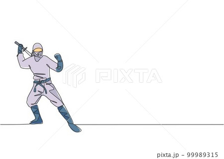 One single line drawing of young energetic Japanese traditional ninja holding samurai sword on attack pose vector illustration. Combative martial art sport concept. Modern continuous line draw design One single line drawing of young energetic Japanese traditional ninja holding samurai sword on attack pose vector illustration. Combative martial art sport concept. Modern continuous line draw design 99989315