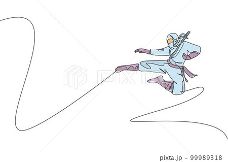 Single continuous line drawing of young Japanese culture ninja warrior with jumping kick attack pose. Martial art fighting samurai concept. Trendy one line draw graphic design vector illustration 99989318