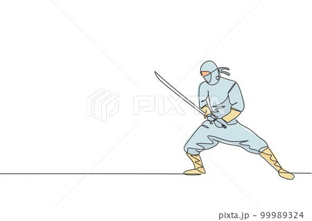 One single line drawing of young energetic Japanese traditional ninja holding samurai sword on attack pose vector illustration. Combative martial art sport concept. Modern continuous line draw design One single line drawing of young energetic Japanese traditional ninja holding samurai sword on attack pose vector illustration. Combative martial art sport concept. Modern continuous line draw design 99989324
