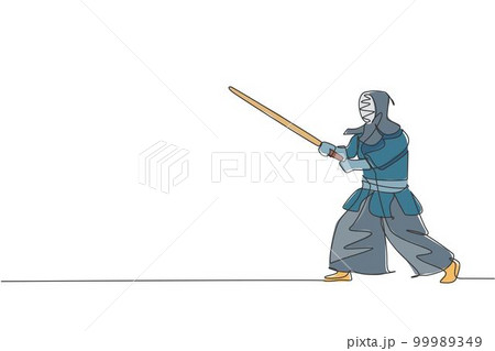 One single line drawing of young energetic man exercise kendo stance position with wooden sword at gym center vector illustration. Combative fight sport concept. Modern continuous line draw design One single line drawing of young energetic man exercise kendo stance position with wooden sword at gym center vector illustration. Combative fight sport concept. Modern continuous line draw design 99989349