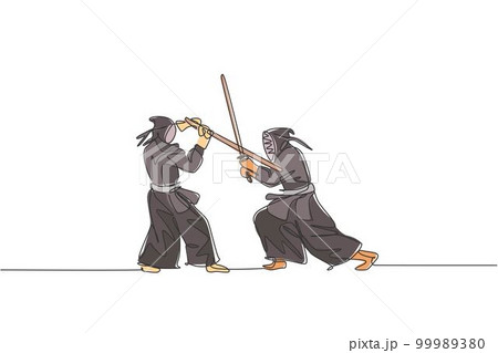 One continuous line drawing of two young sporty men fighting skill on kendo national competition in dojo center. Healthy martial art sport concept. Dynamic single line draw design vector illustration 99989380