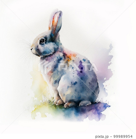Watercolor drawing of this year's symbol rabbit. Little multicolored rabbit for your design 99989954