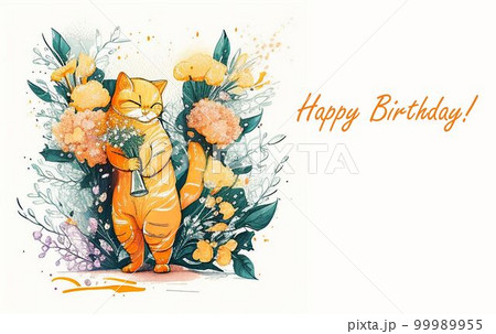 Funny orange cat with flowers. Happy birthday watercolor card 99989955