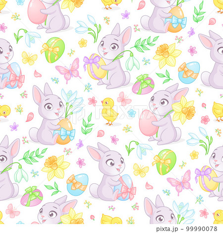 Easter seamless vector pattern with cute bunnies, chicks, eggs, spring flowers and butterflies. Easter seamless vector pattern with cute bunnies, chicks, eggs, spring flowers and butterflies. 99990078